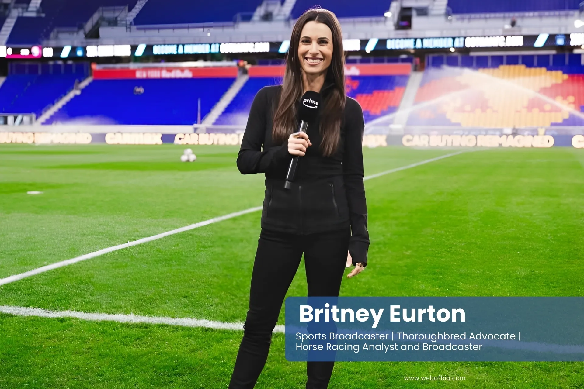 Britney Eurton, sports commentator, stands confidently at a soccer field, embodying passion for athletic analysis.