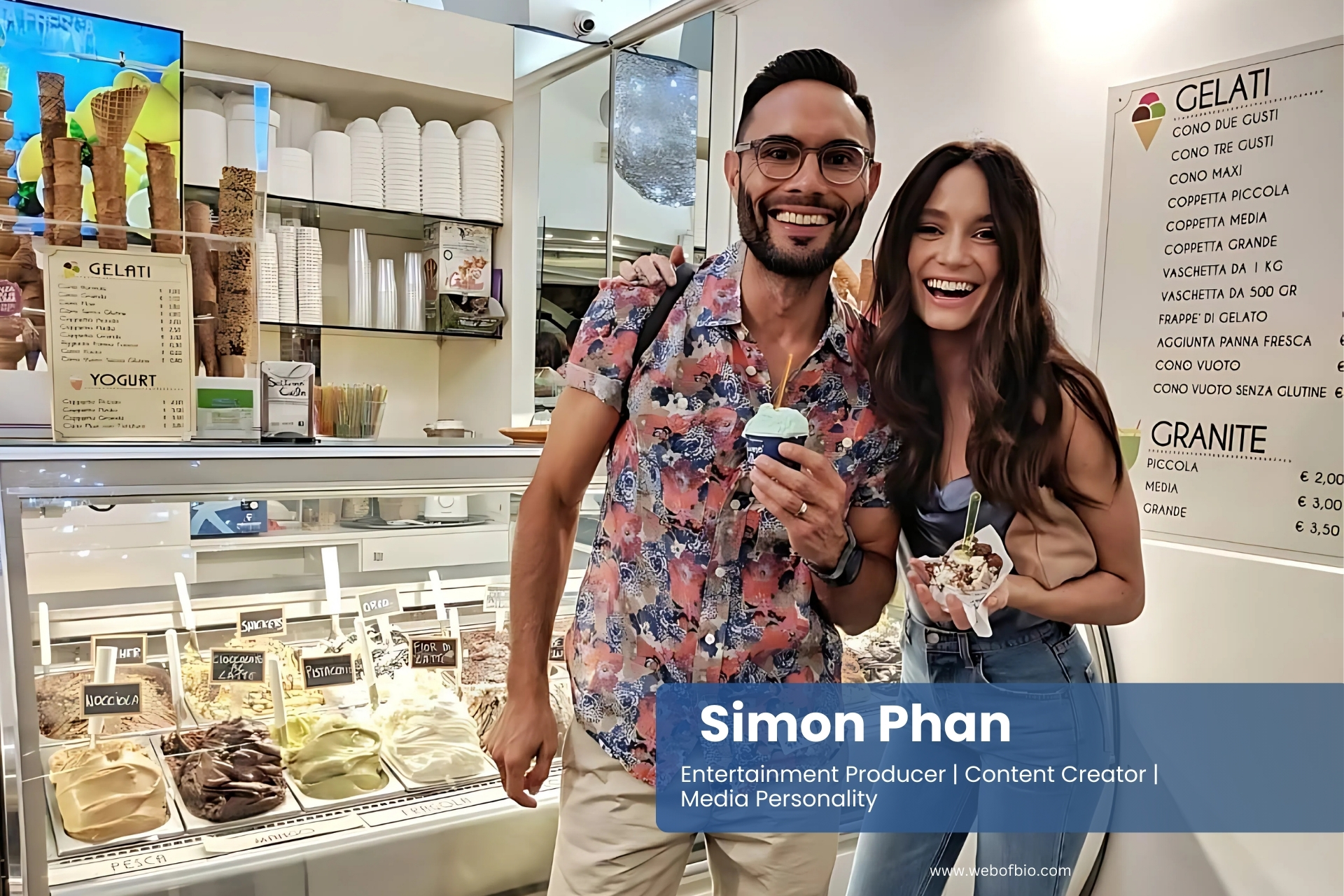 Simon Phan and Mallory Jansen smile by a vibrant ice cream display, reflecting their creative synergy and partnership