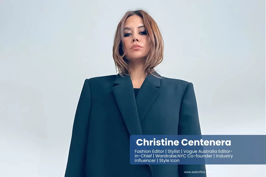 Christine Centenera, Editor-in-Chief, in a sleek black blazer and leather pants epitomizes modern professional style