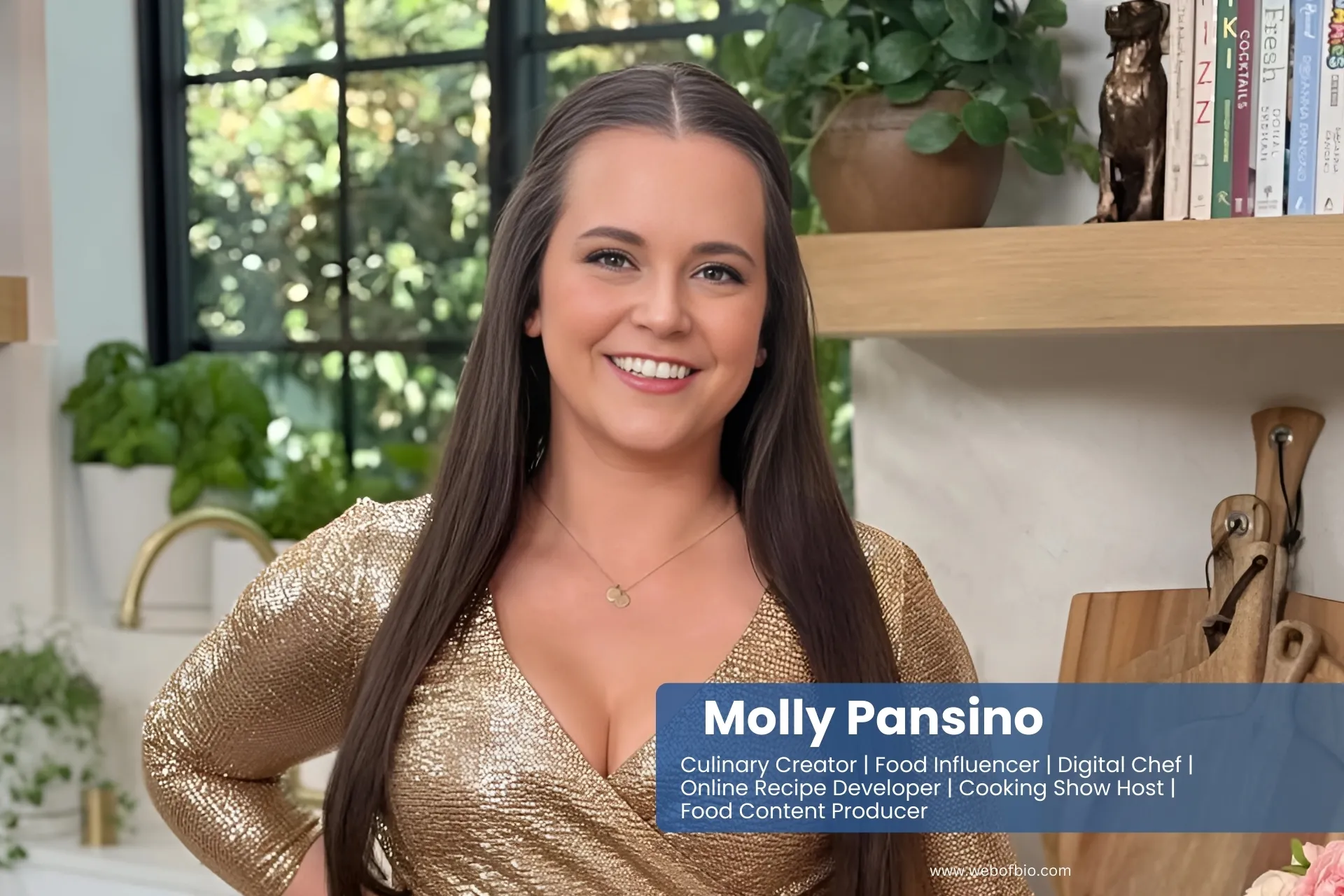 Molly Pansino dazzles in a gold sequin dress amid culinary tools