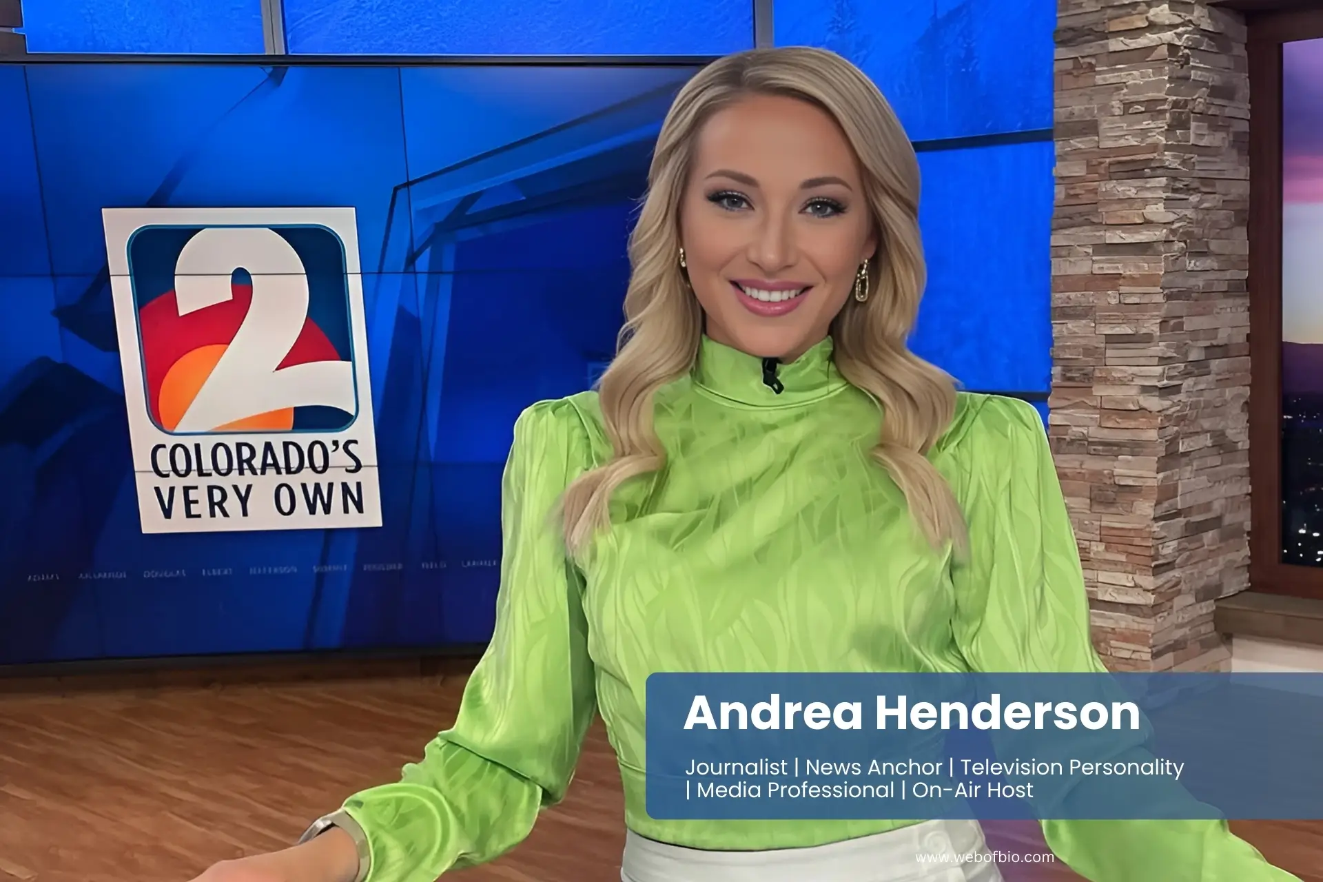 Andrea Henderson, news anchor, wearing a green blouse and white pants.