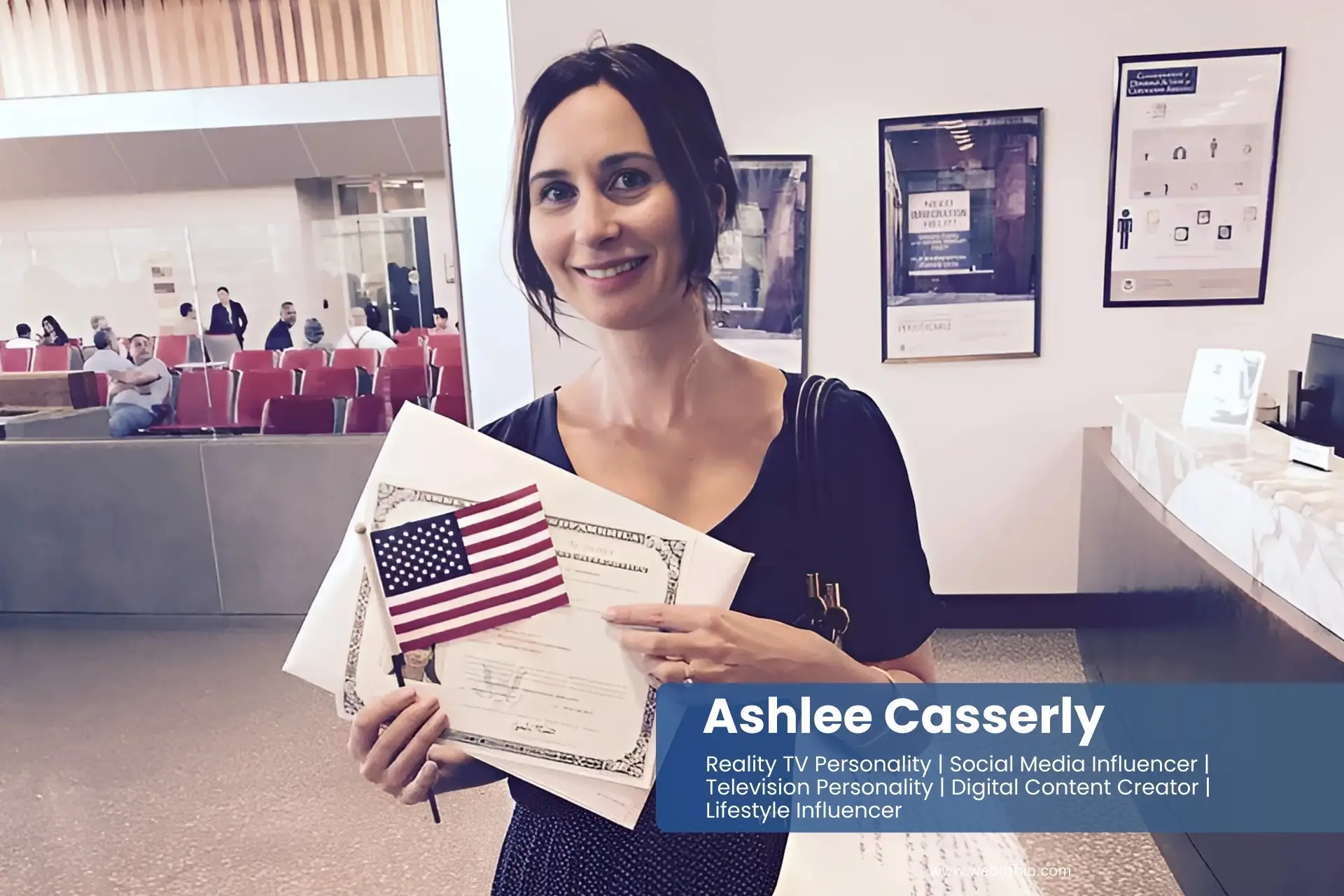 Ashlee Casserly holding an American flag and a certificate.
