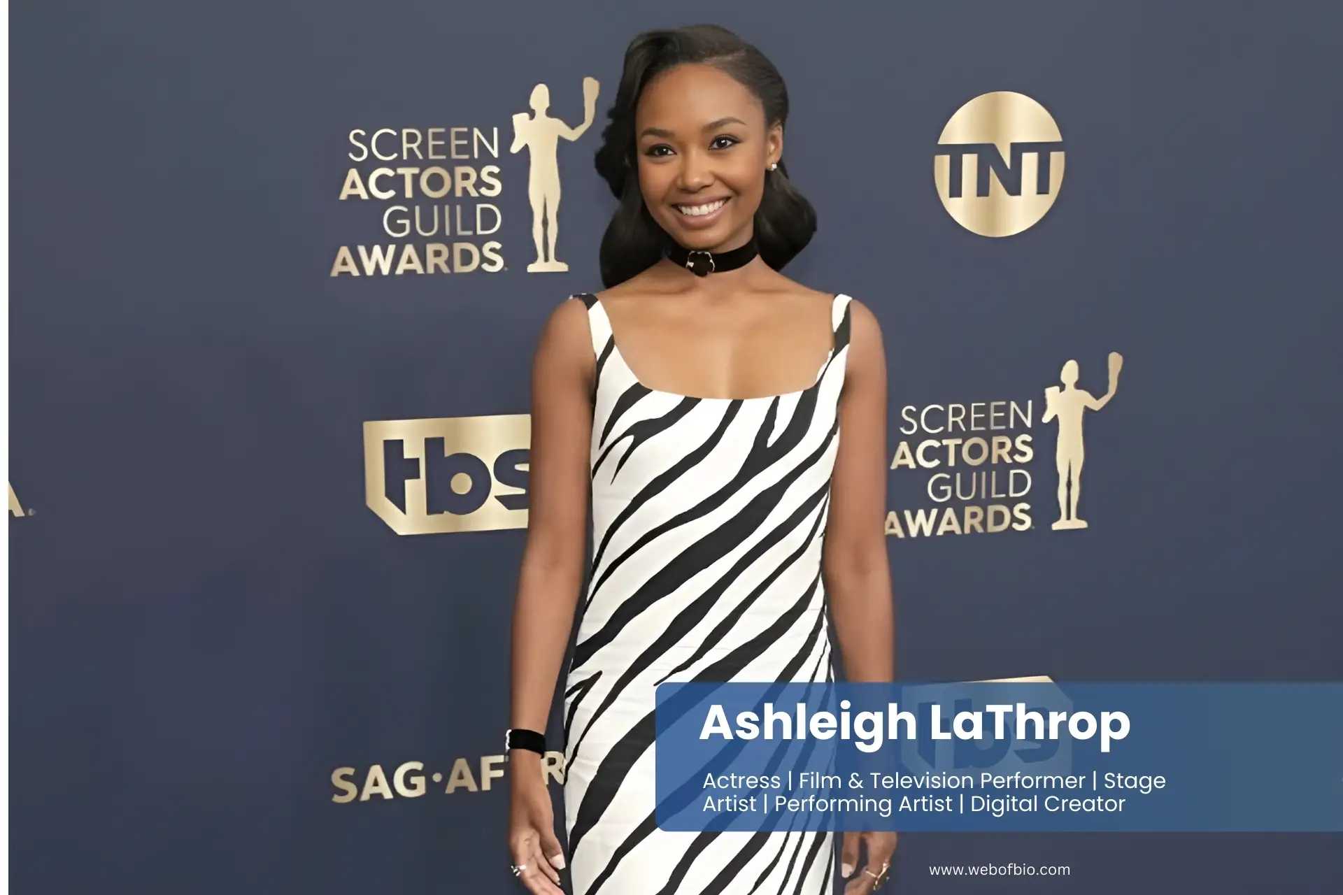 Ashleigh LaThrop in a zebra print dress at the screen actors guild awards.