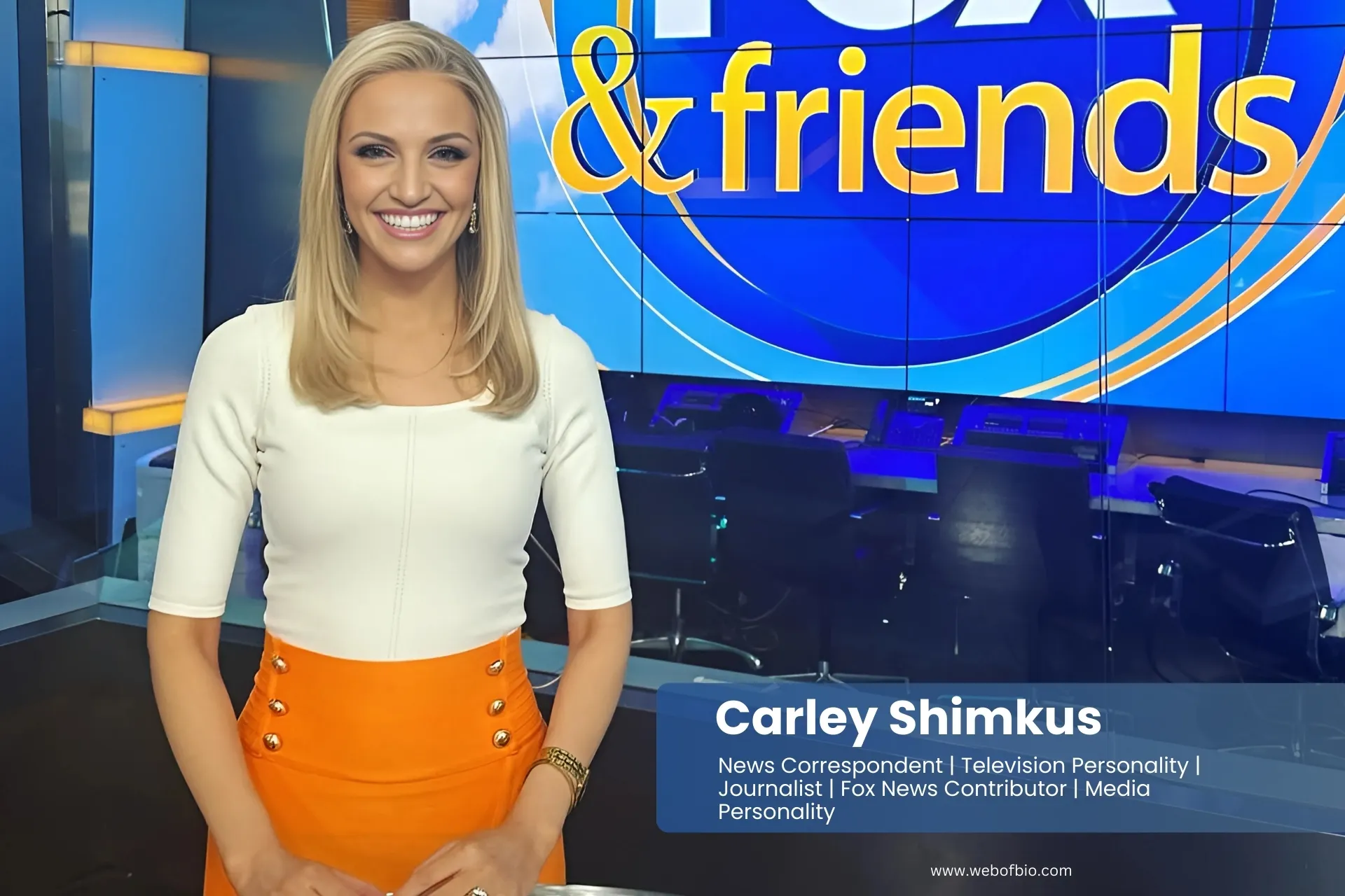 Carley ShimkusCarley Shimkus, anchor of Fox and Friends, appears cheerful at the news desk, interacting with fellow hosts during a broadcast.