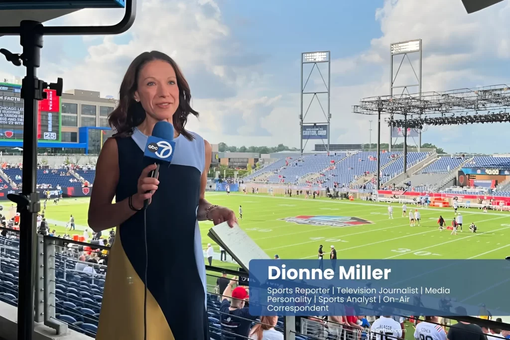 Dionne Miller holding a microphone in front of a football stadium.
