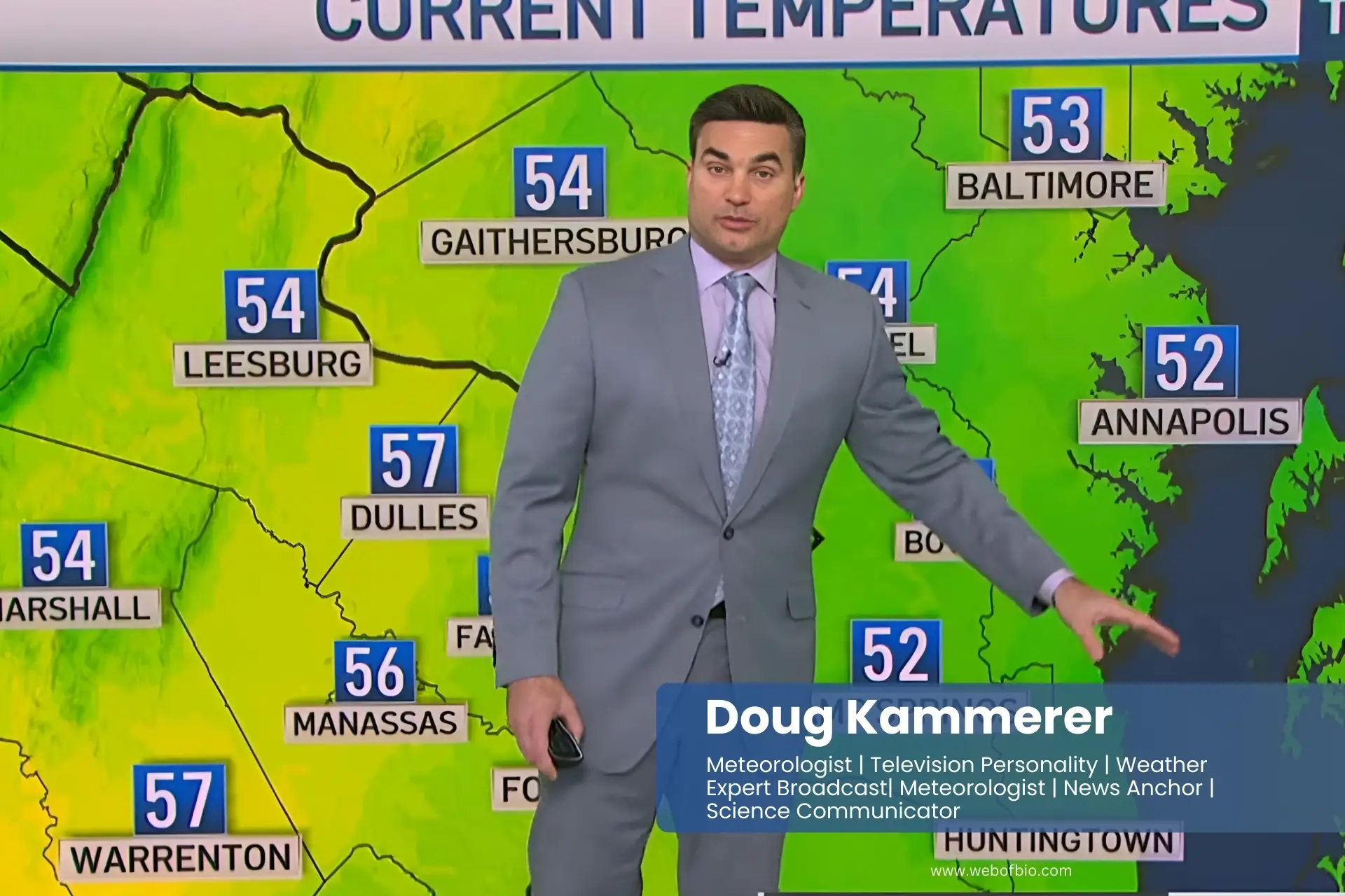Doug Kammerer in a suit and tie standing in front of a weather map.