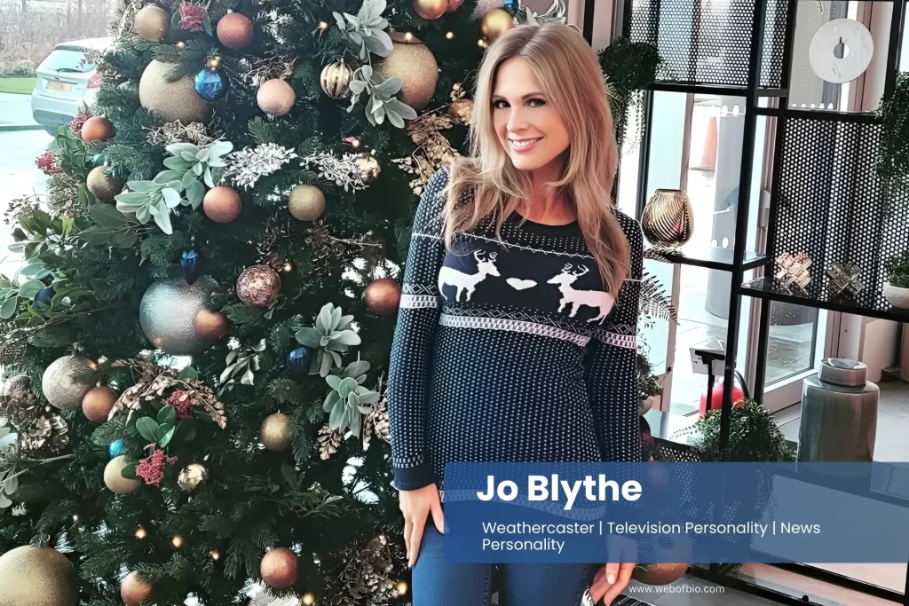 Jo Blythe standing in front of a Christmas tree wearing a sweater and boots.