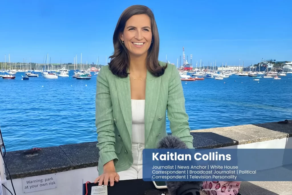 Kaitlan Collins standing in front of a camera with a microphone next to the ocean.