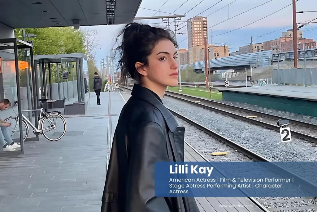 Lilli Kay in a black leather coat standing on a train platform.