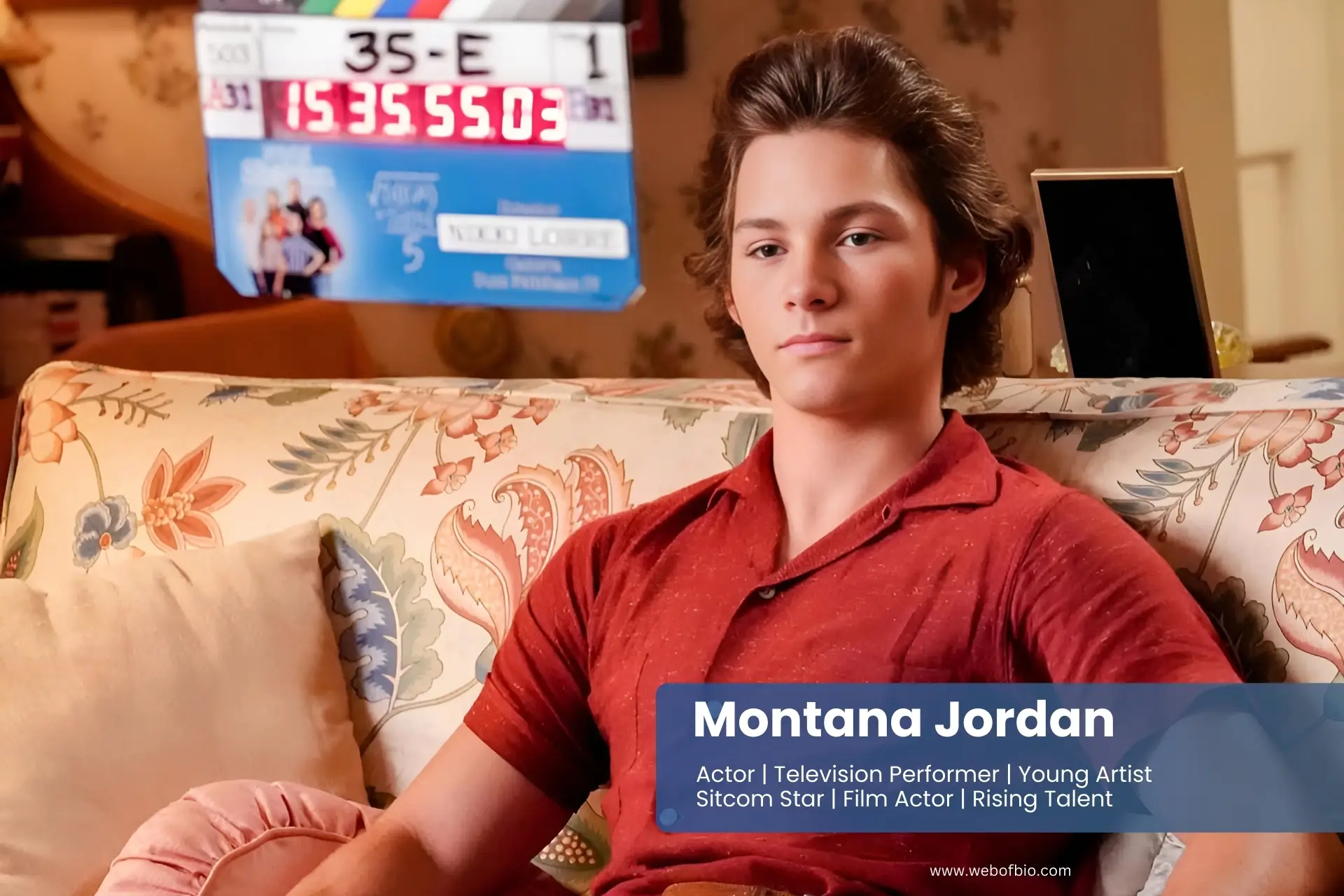 Montana Jordan sitting on a couch in front of a television.