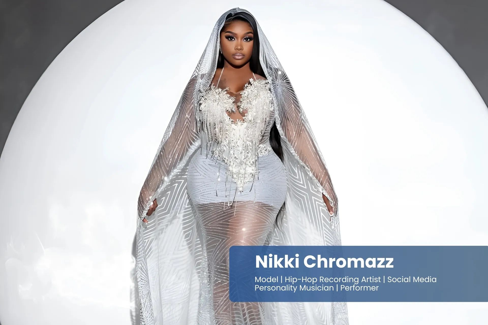 Nikki Chromazz is in a white wedding dress and standing in front of a mirror.