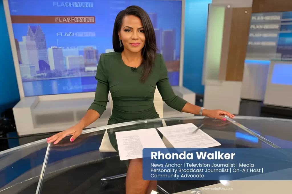 Rhonda Walker sitting at a desk, with a television in front of her, appearing attentive and focused.
