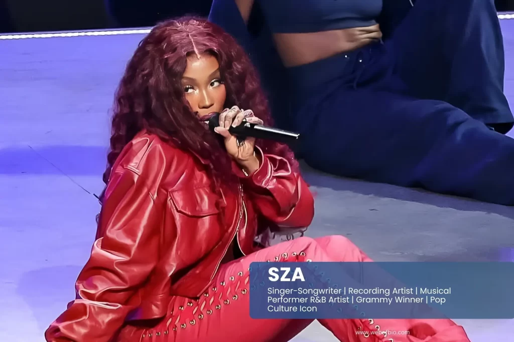 SZA with red hair sitting on the ground holding a microphone.