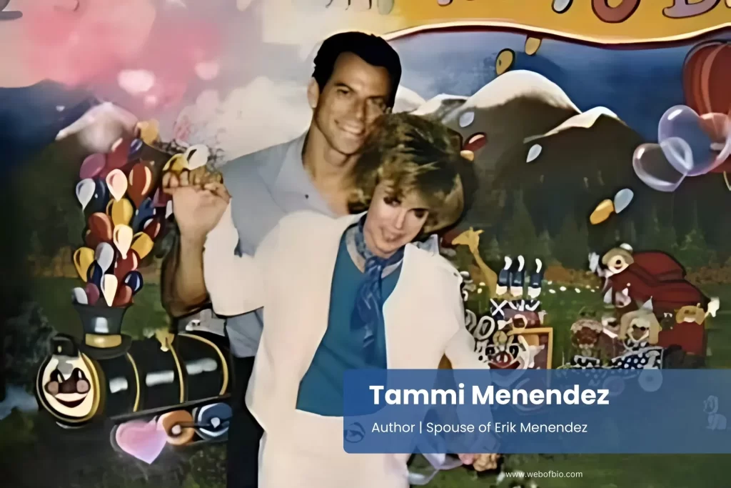 Tammi Menendez posing with her husband in front of a sign that says say no to drugs.