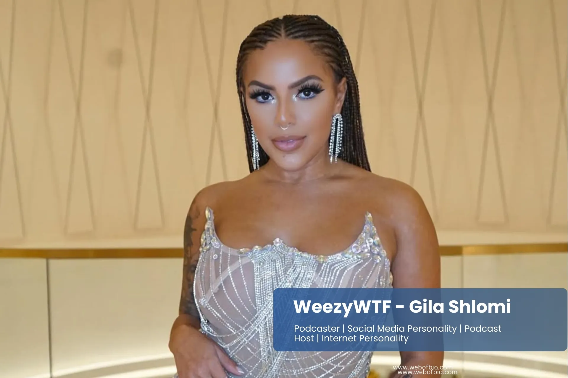 WeezyWTF in a silver dress posing for the camera