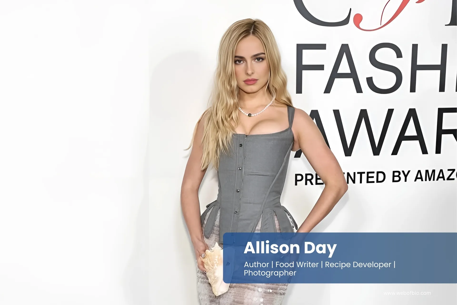 Allison Day in a grey dress poses on the red carpet.