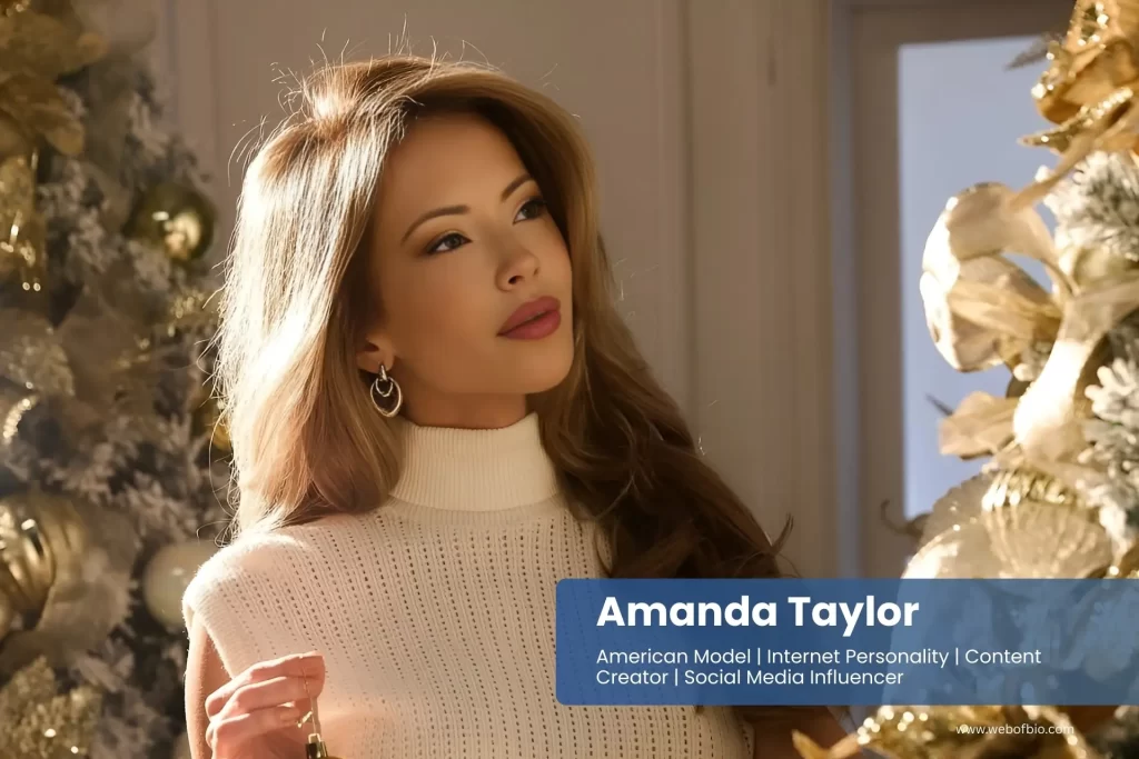 Amanda Taylor in a white sweater standing next to a Christmas tree.