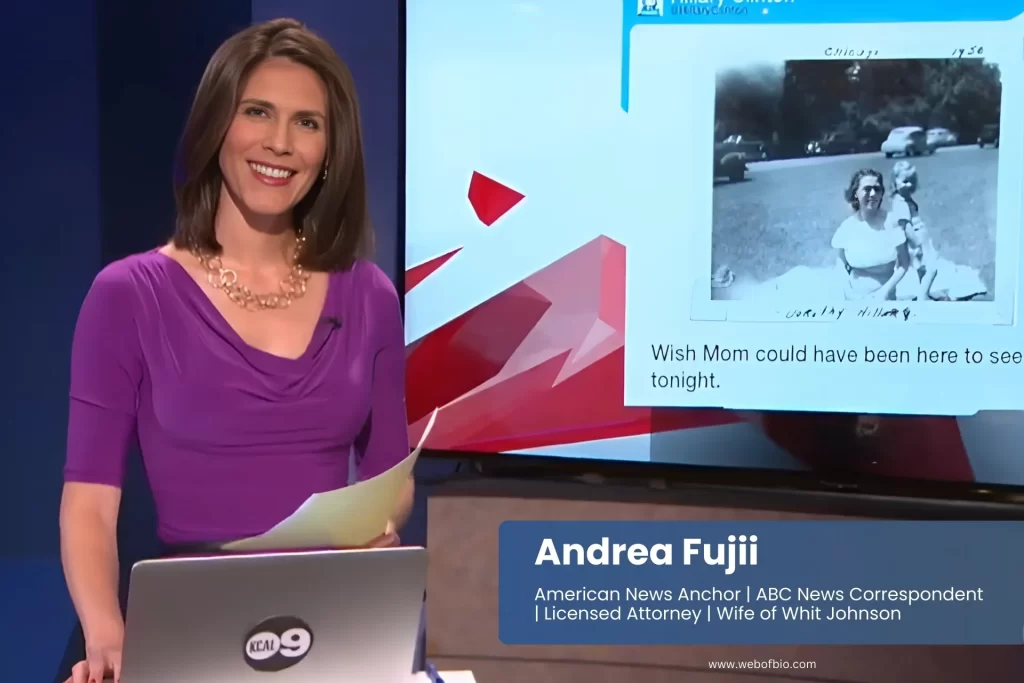 News anchor Andrea Fujii reporting in front of TV screen.