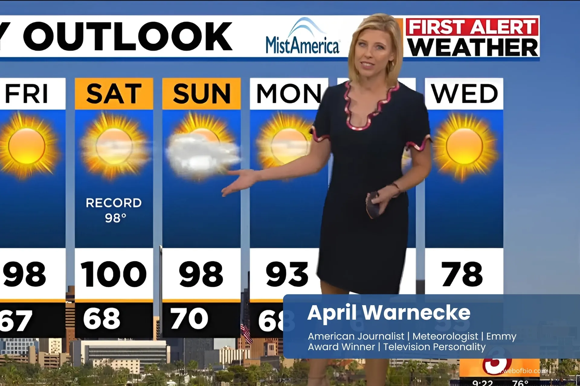 April Warnecke is standing in front of a weather forecast