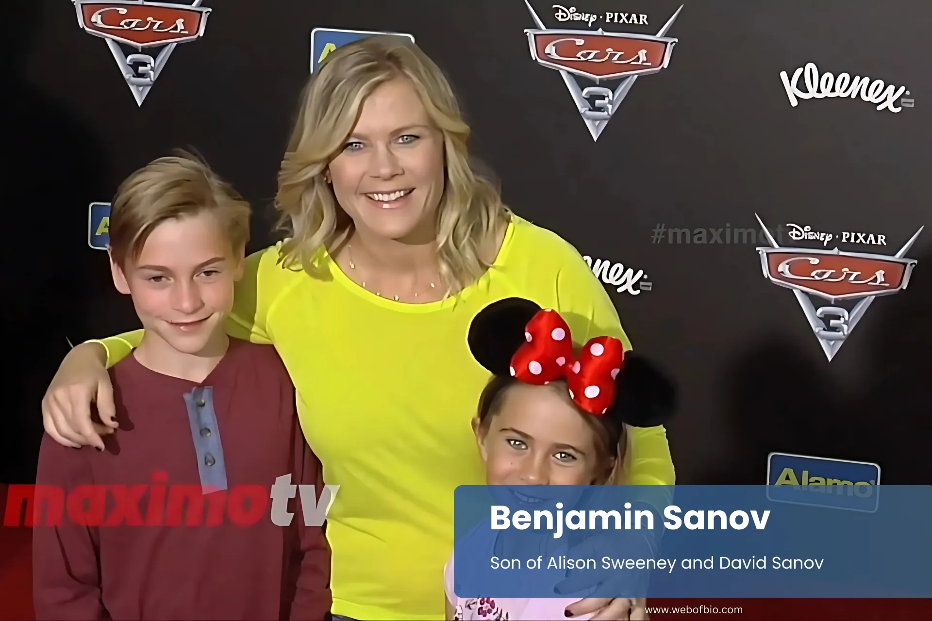 Benjamin Sanovstands and his mother Alison Sweeney and his sister stand at the Disney's Cars premiere, all three smiling and dressed for the occasion.