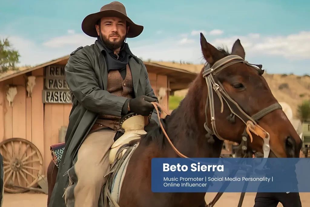 Beto Sierra in a cowboy hat is riding a horse.