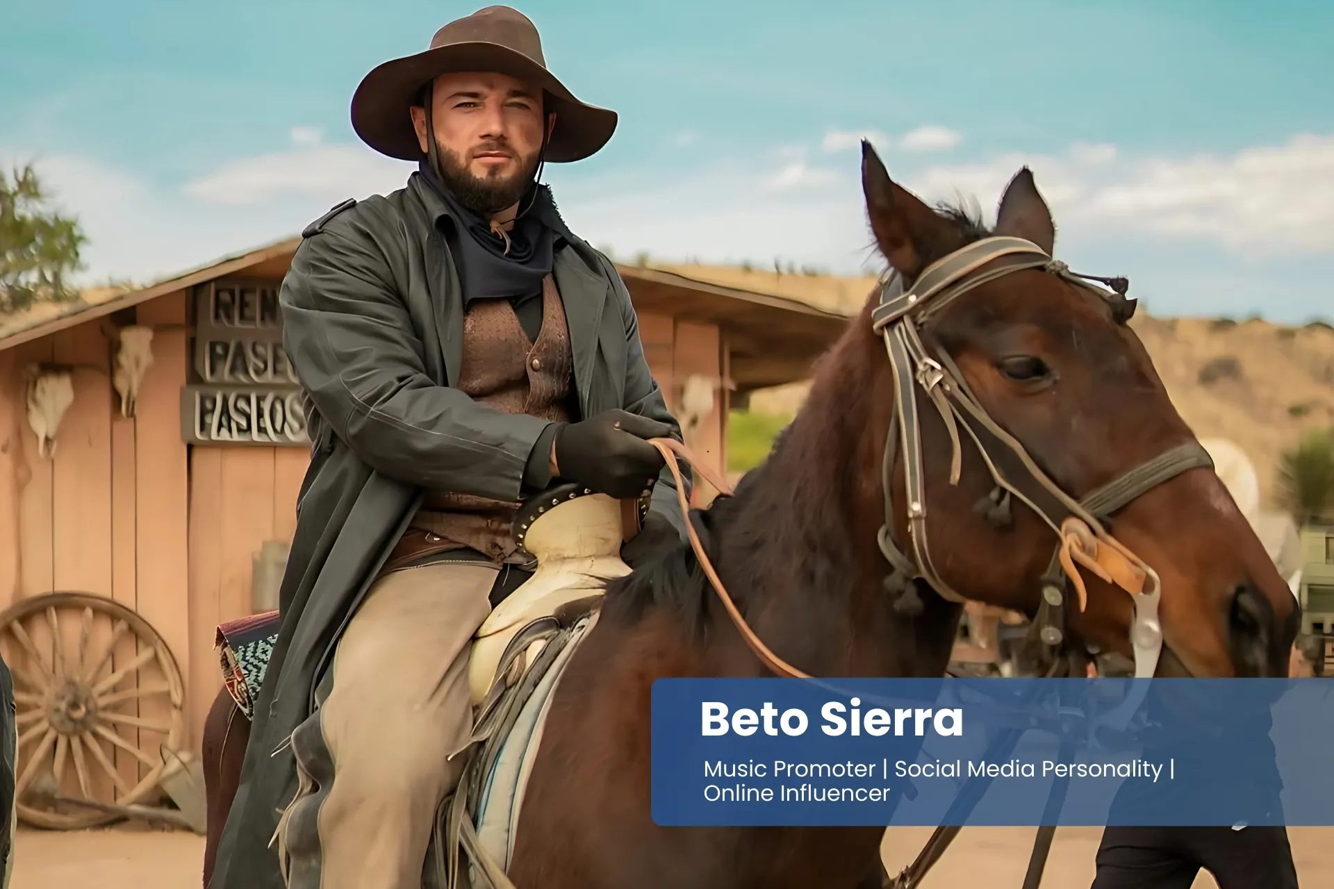Beto Sierra in a cowboy hat is riding a horse.