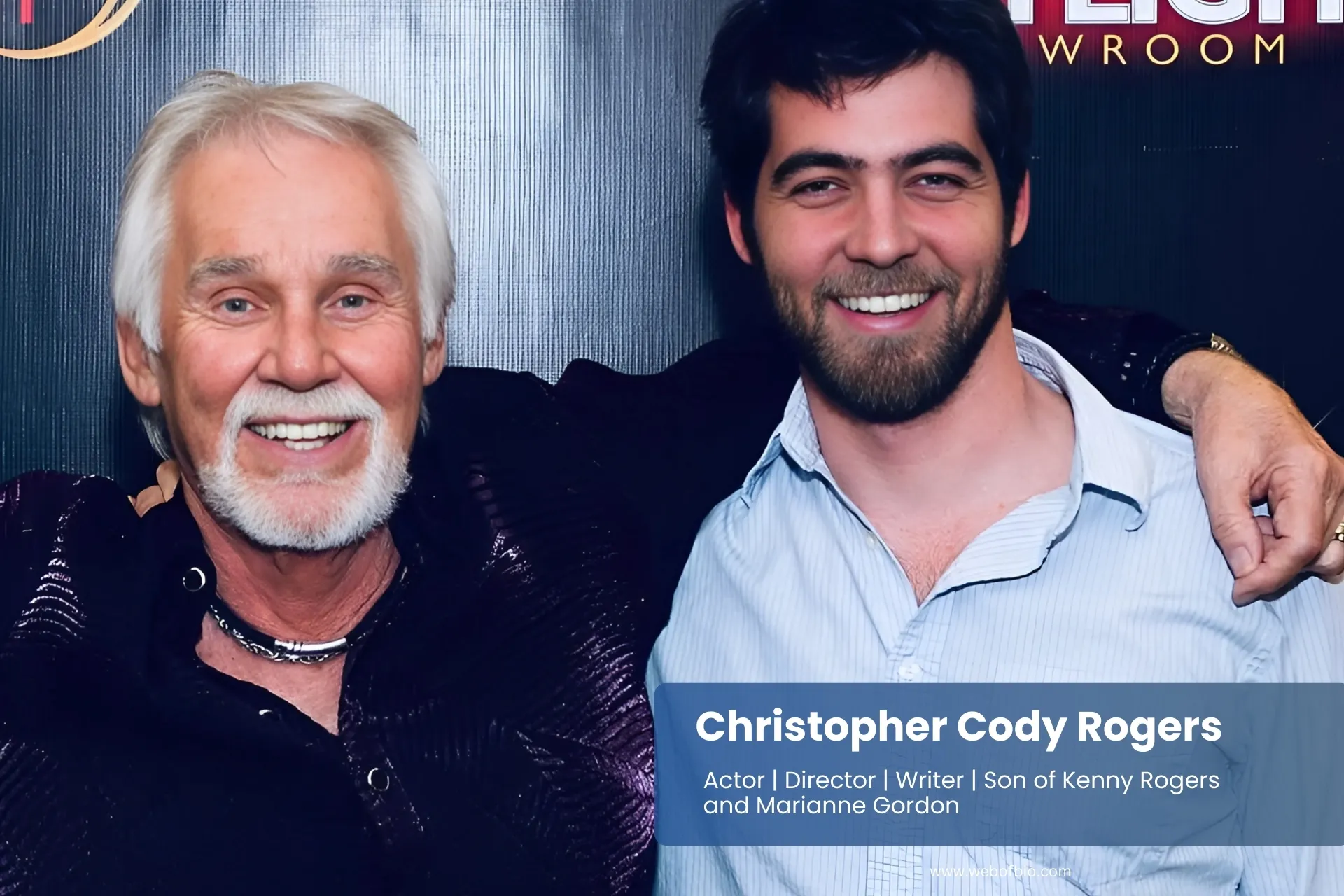Christopher Cody Rogers and his father Kenny Rogers stand side by side, smiling for a photo at an event.