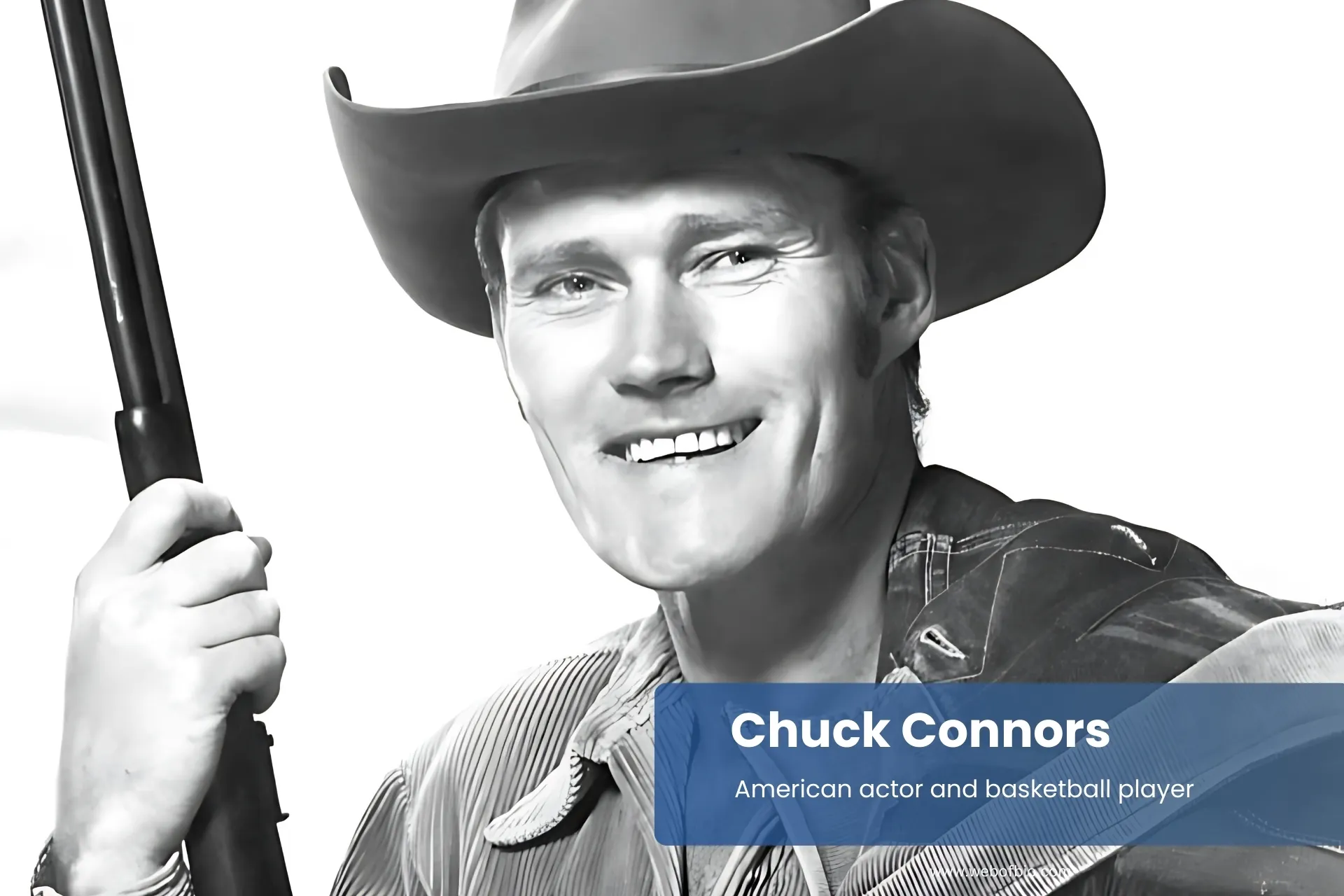 Chuck Connors dressed as cowboy holding rifle.