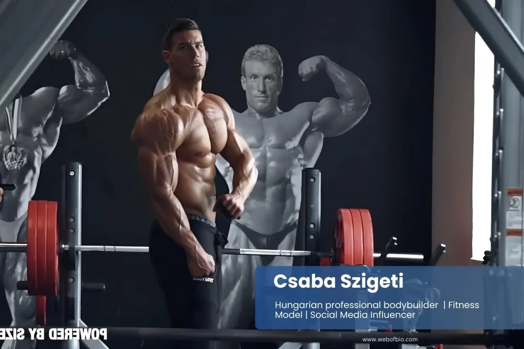 Csaba Szigeti exercising in a gym, performing strength training with weights surrounded by fitness equipment.