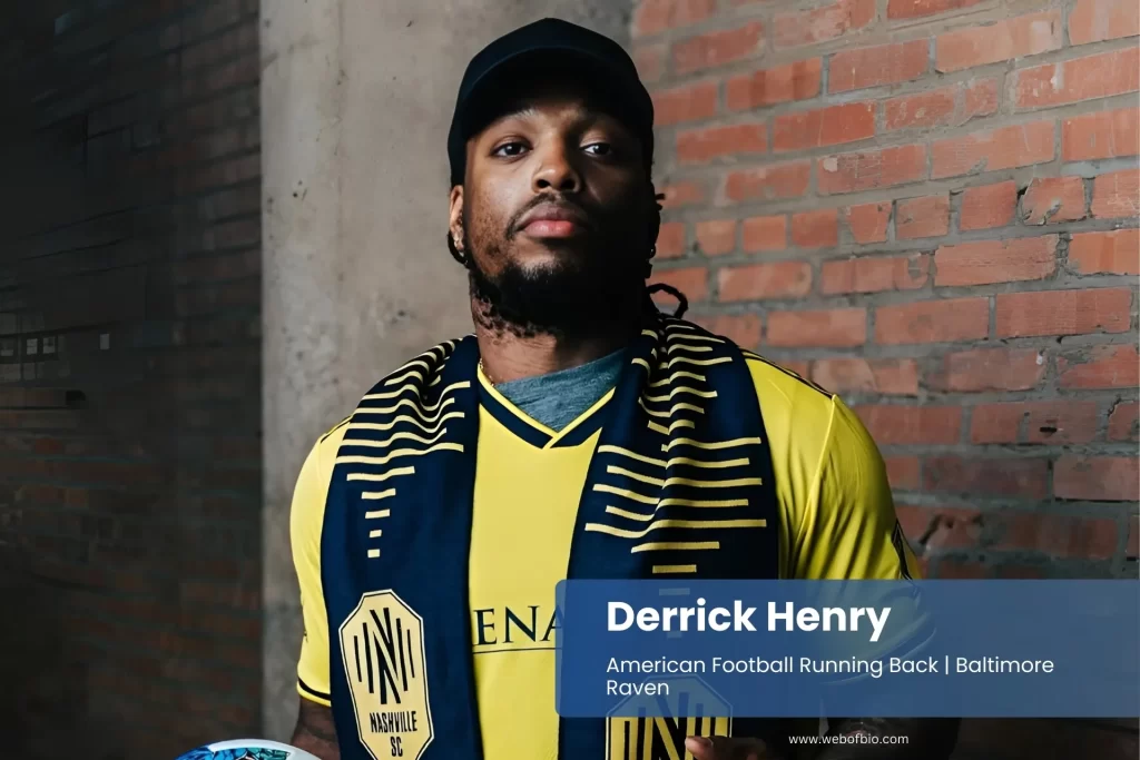 Derrick Henry, wearing a yellow jersey, stands holding a soccer ball, ready to play on a grassy field.