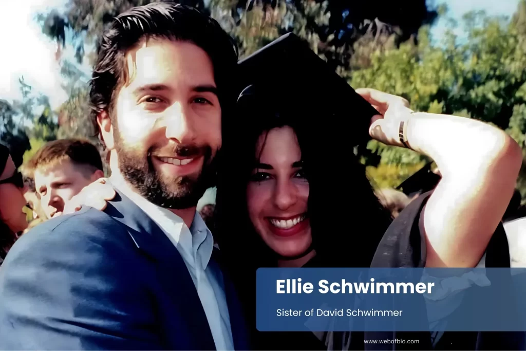 Ellie Schwimmer and her brother David Schwimmer in graduation attire, standing side by side and smiling for a celebratory photo.