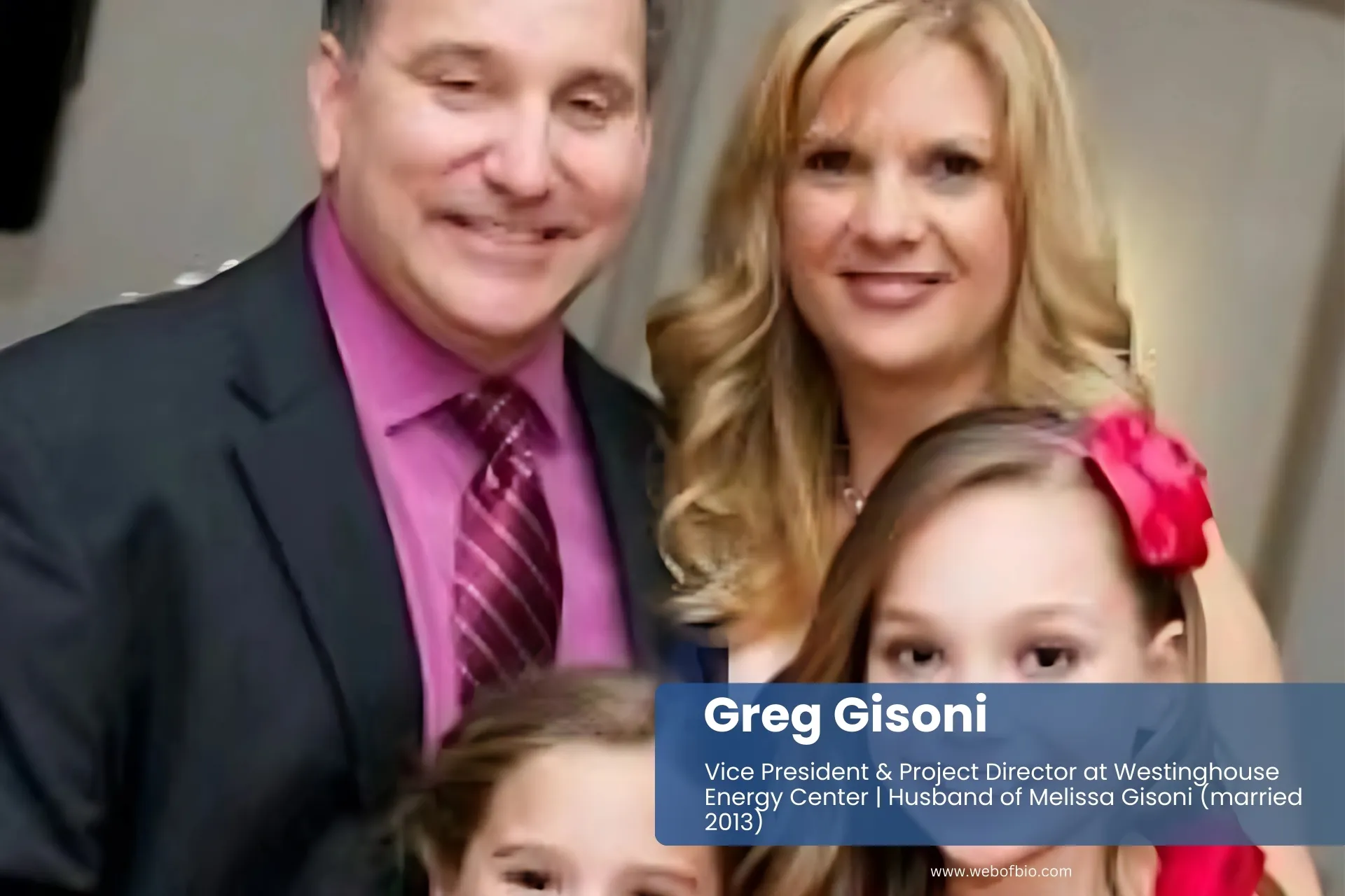 Greg Gisoni and family smiling in wedding photo.