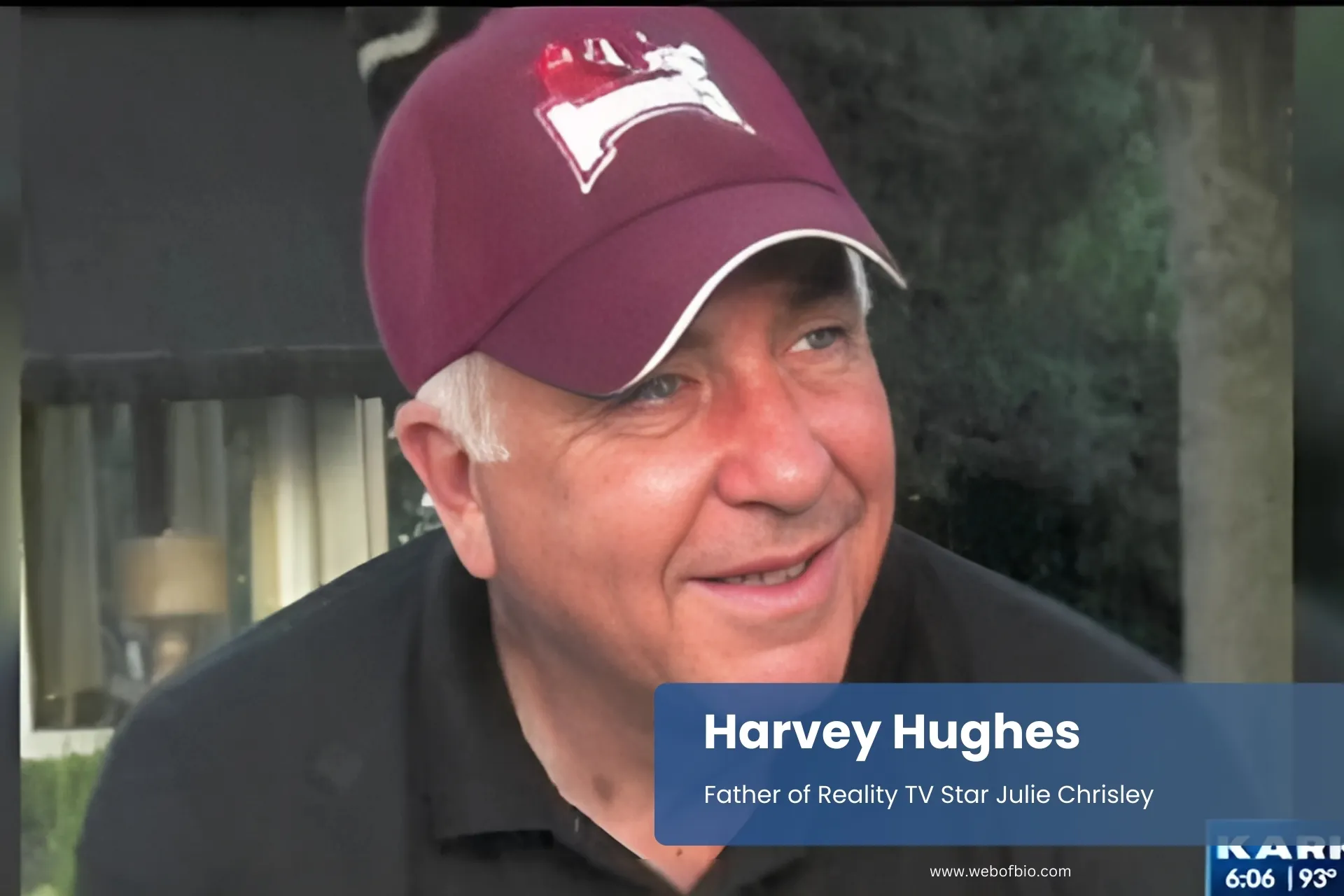 Harvey Hughes in baseball cap smiling on television.