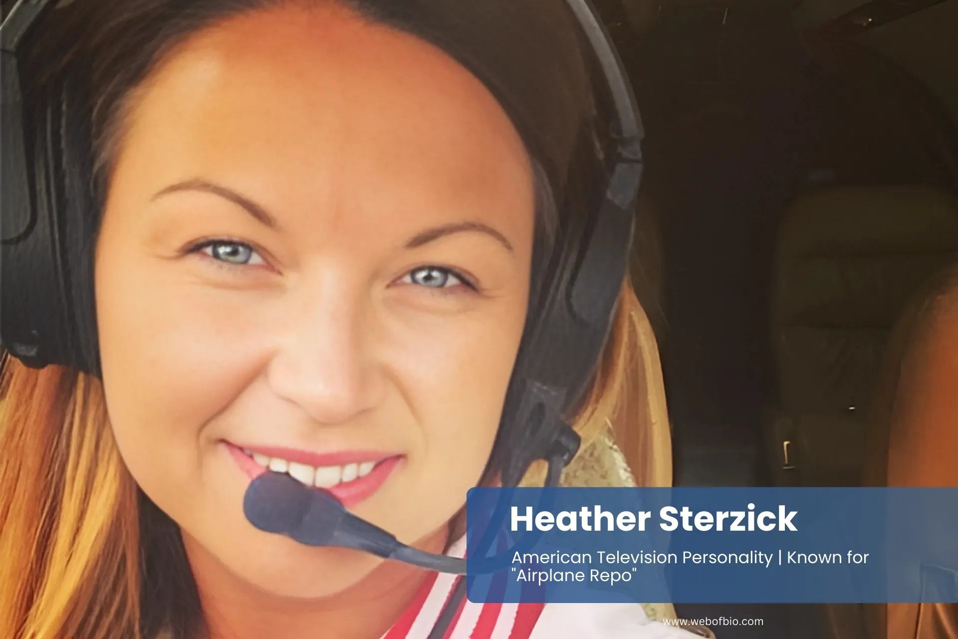 Heather Sterzick, wearing headphones and a headset, is seated on a plane.