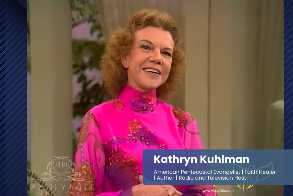 Kathryn Kuhlman, wearing a pink dress, smiles warmly at the camera, exuding joy and warmth.