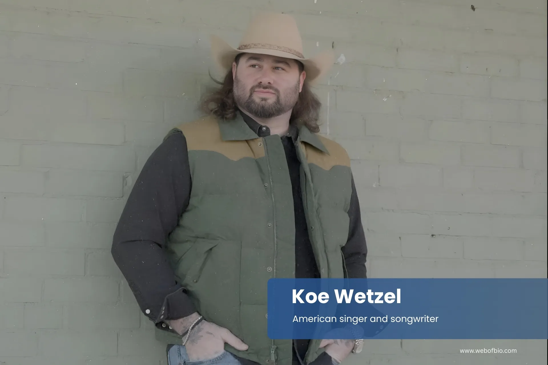 Koe Wetzel in a cowboy hat leaning against a brick wall