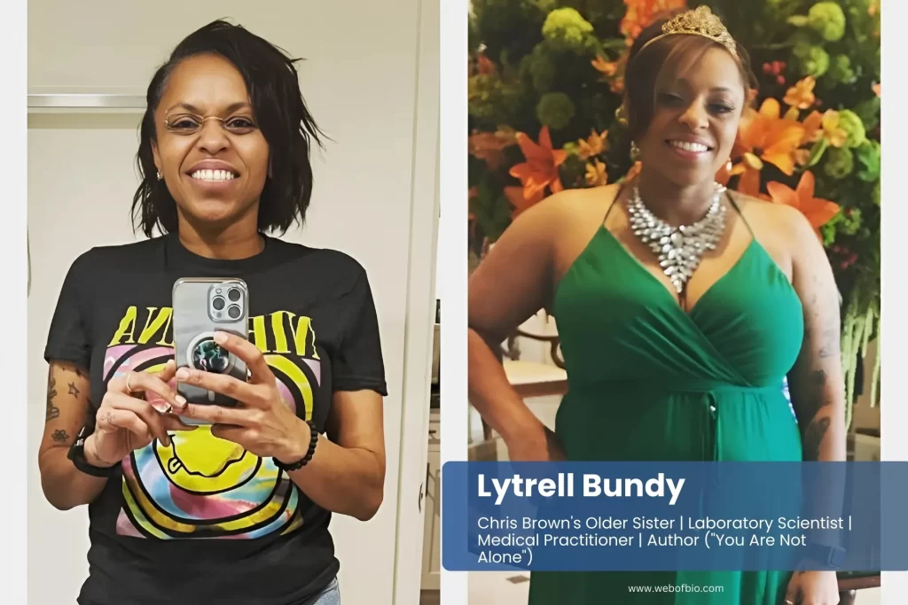 Lytrell Bundy in a green and black dress stands.