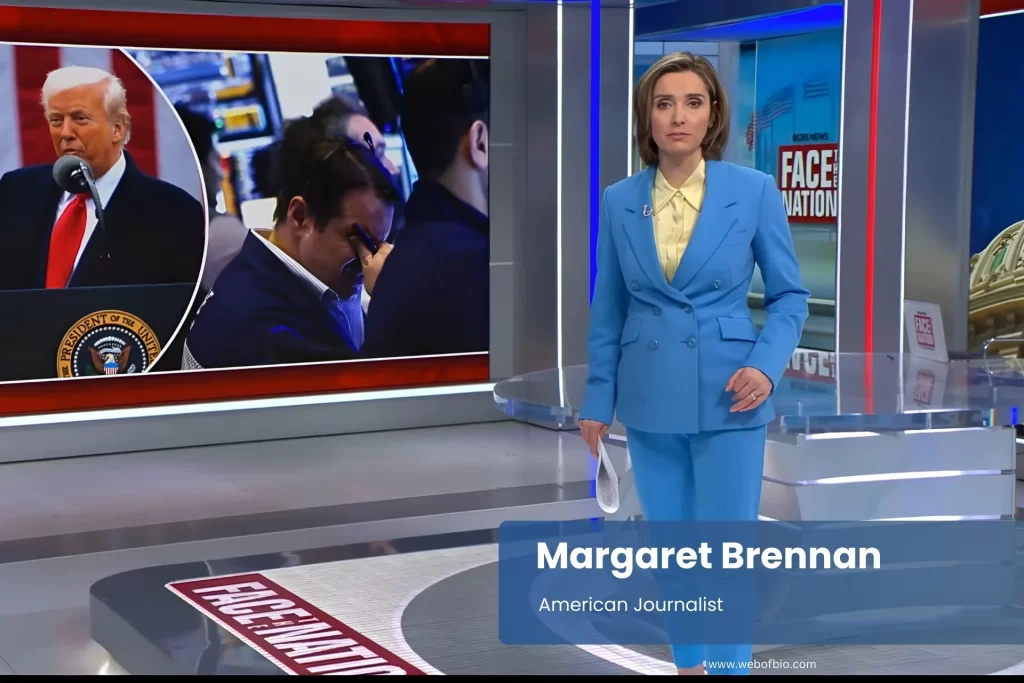 Margaret Brennan news anchor Donald Trump TV screen.