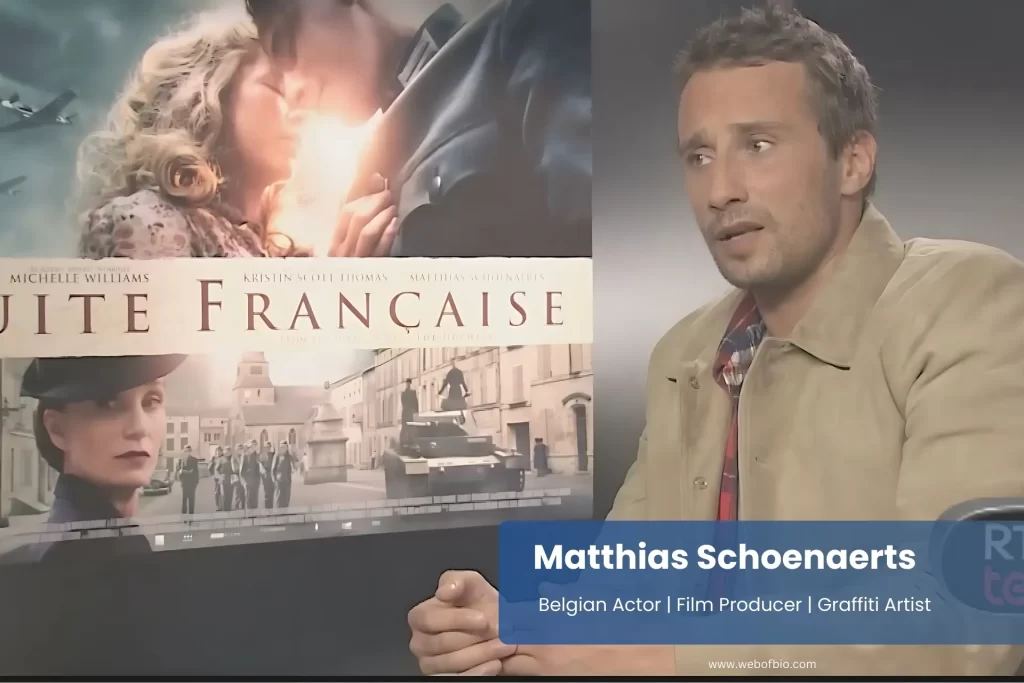 Matthias Schoenaerts in a jacket sits in front of a colorful poster, looking thoughtfully at the artwork displayed behind him.