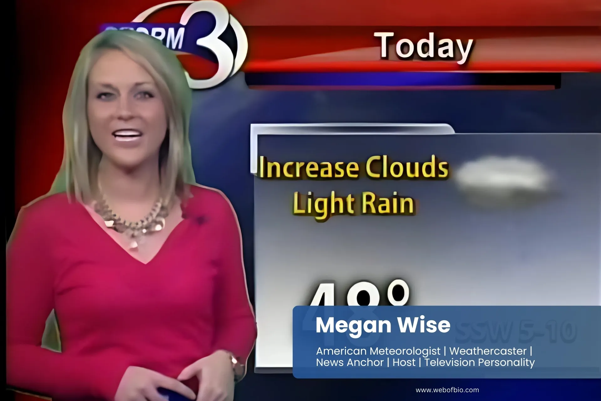 Megan Wise in a red shirt stands beside a weather forecast display, pointing at the screen with a smile.