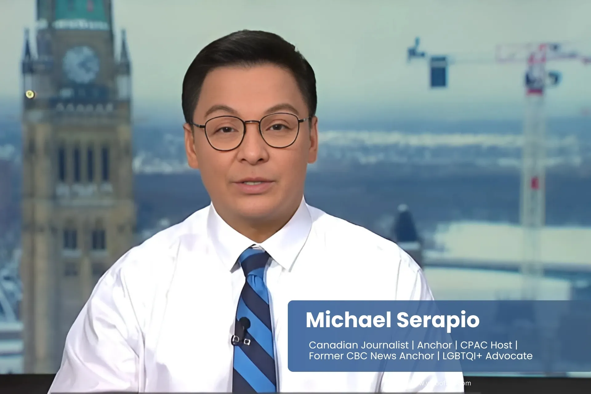 Michael Serapio news anchor delivers a report on a television screen.