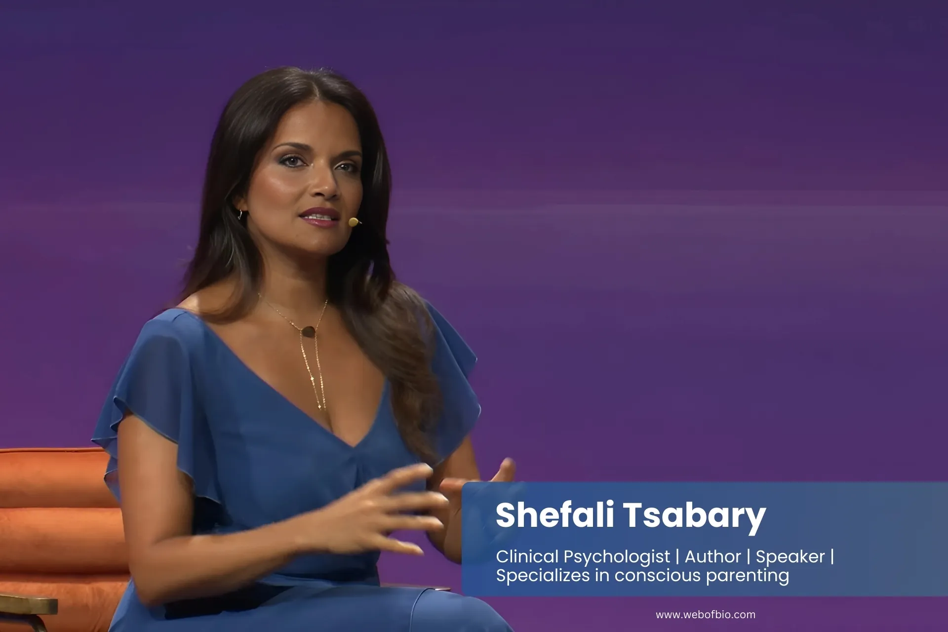 Shefali Tsabary blue dress interview.