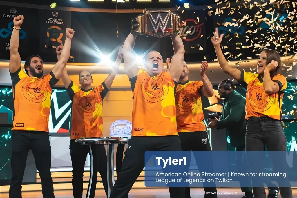 Tyler1 celebrating WWE superheroes on stage.
