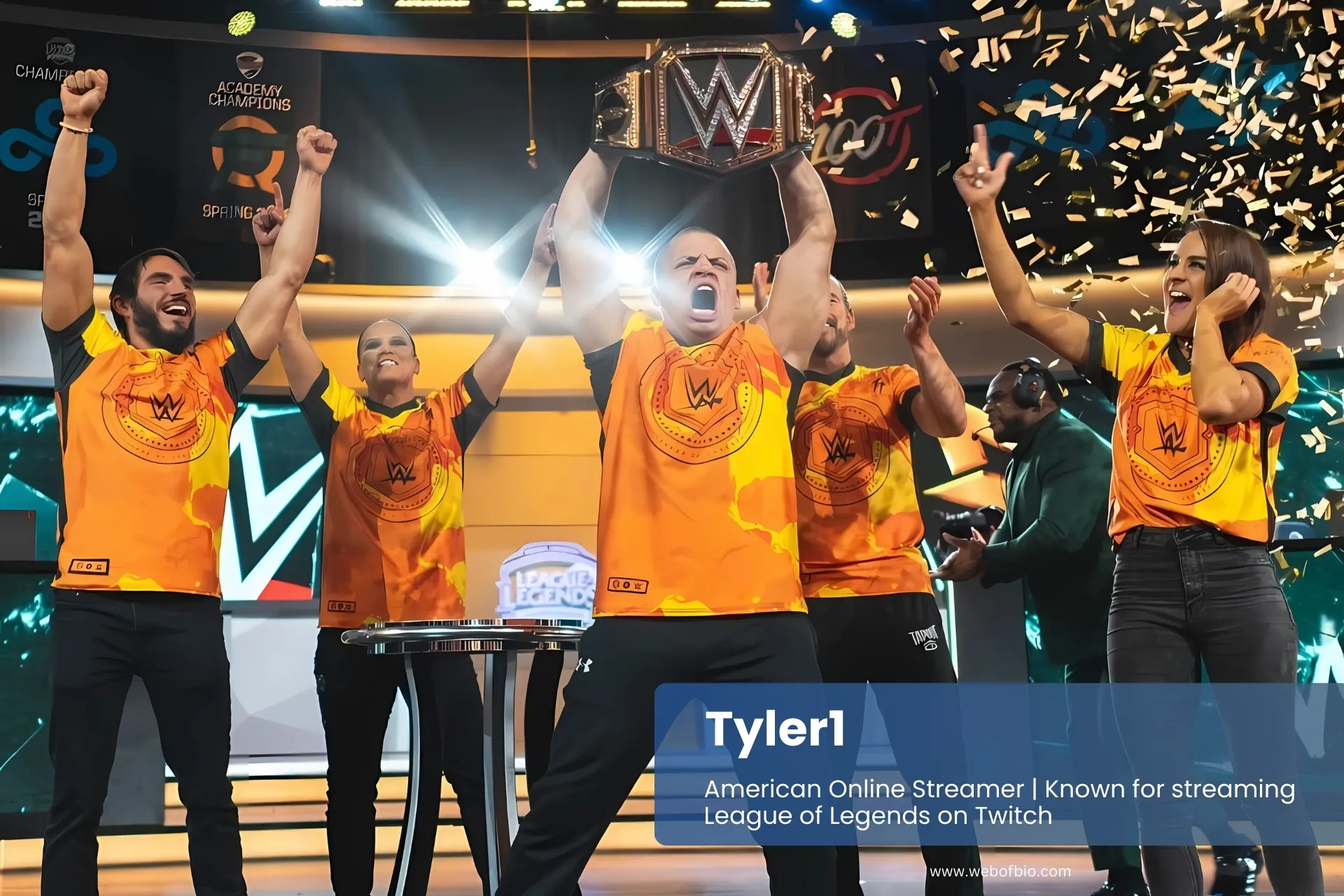 Tyler1 celebrating WWE superheroes on stage.