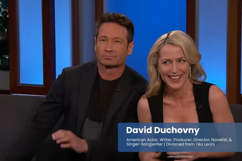 David Duchovny and Téa Leoni on couch, talking.