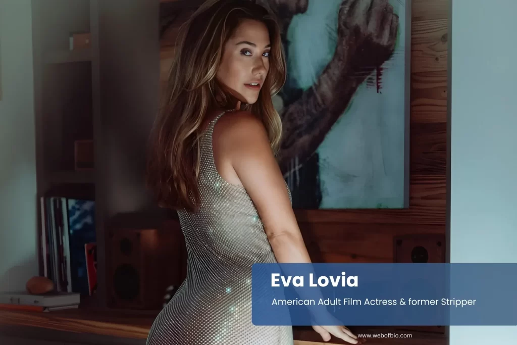 Eva Lovia sparkling glitter dress, posing.