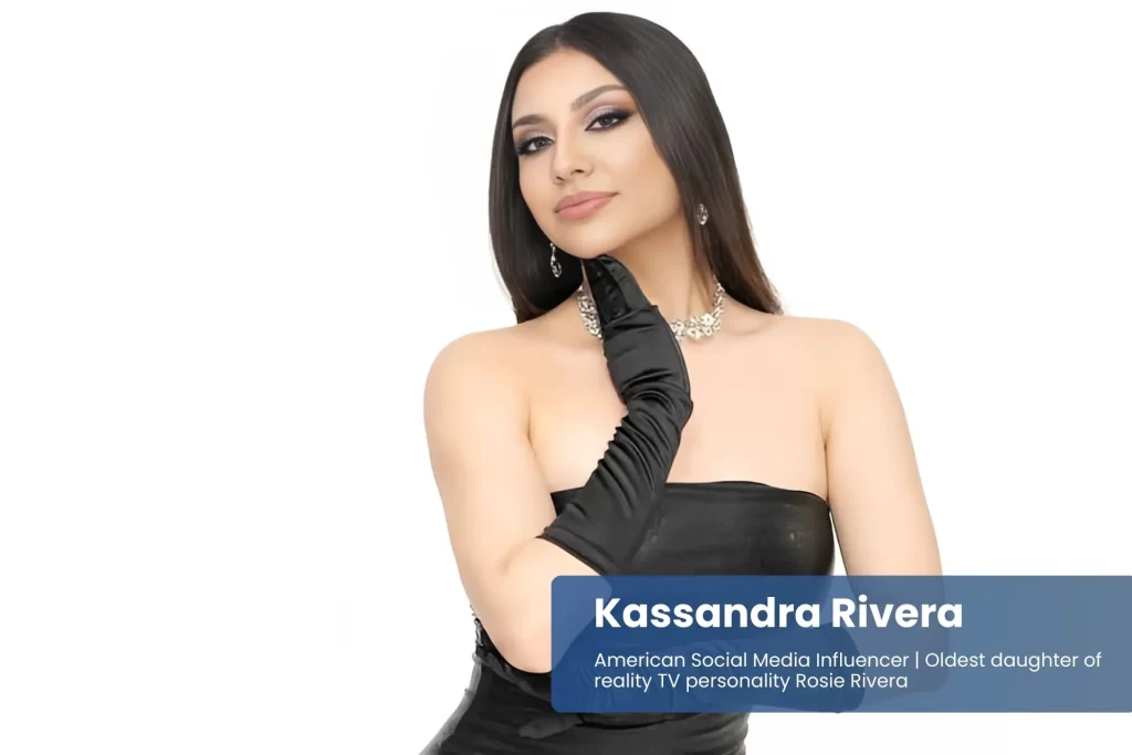 Kassandra Rivera black dress and gloves, posing.