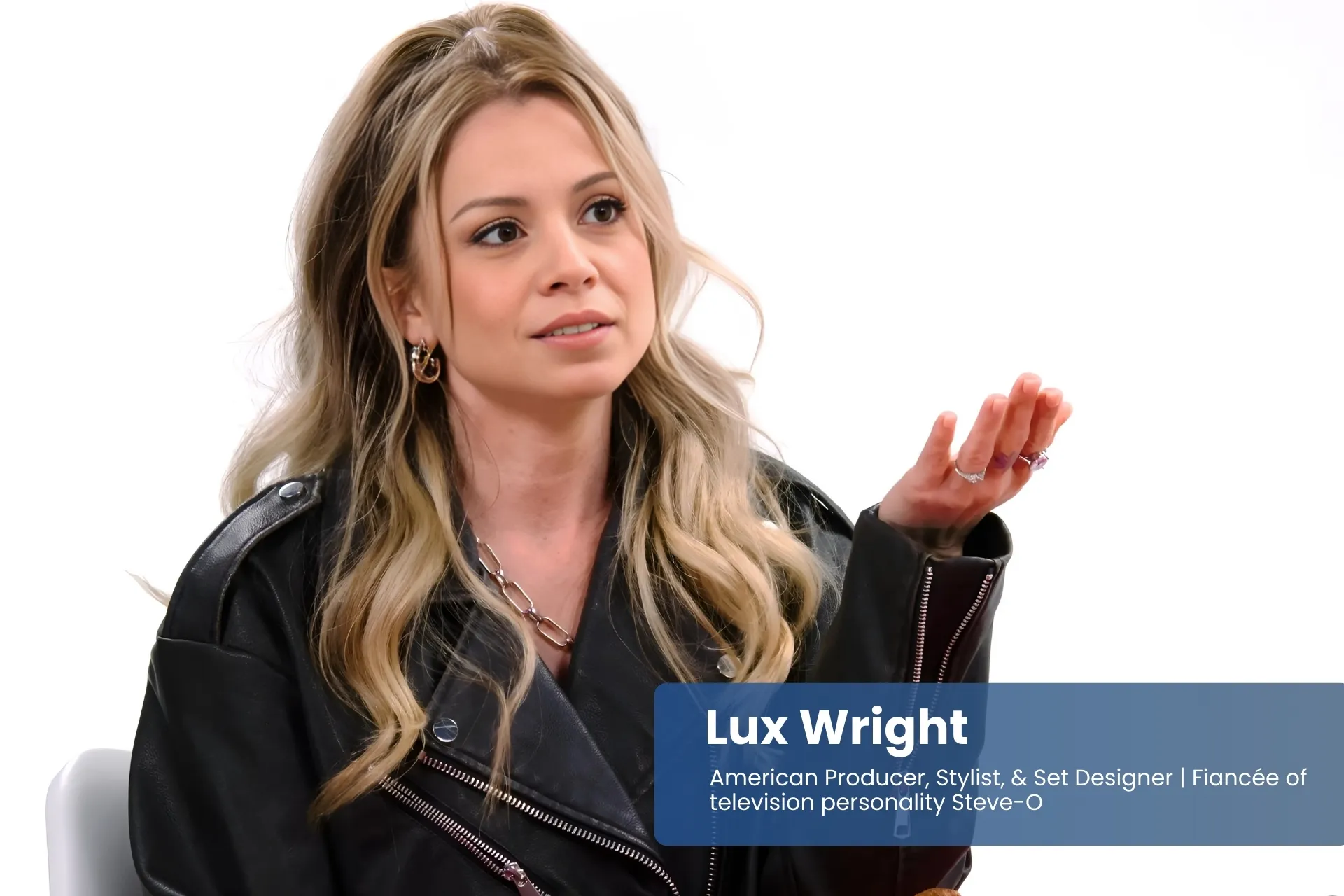 Lux Wright leather jacket talking to person.