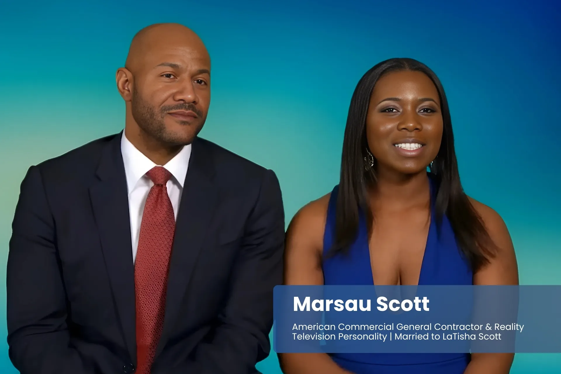 Marsau and LaTisha Scott sitting against blue background, talking.