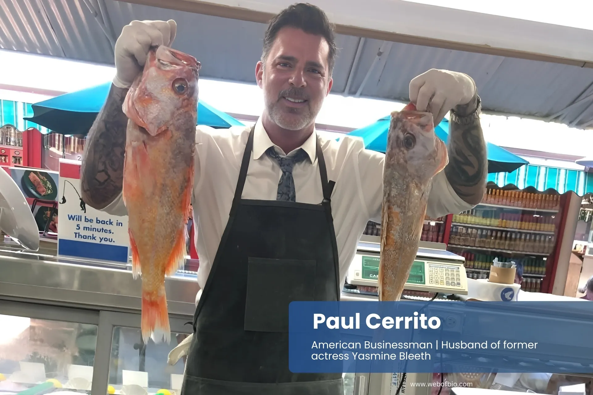 Paul Cerrito holding two fish at market.